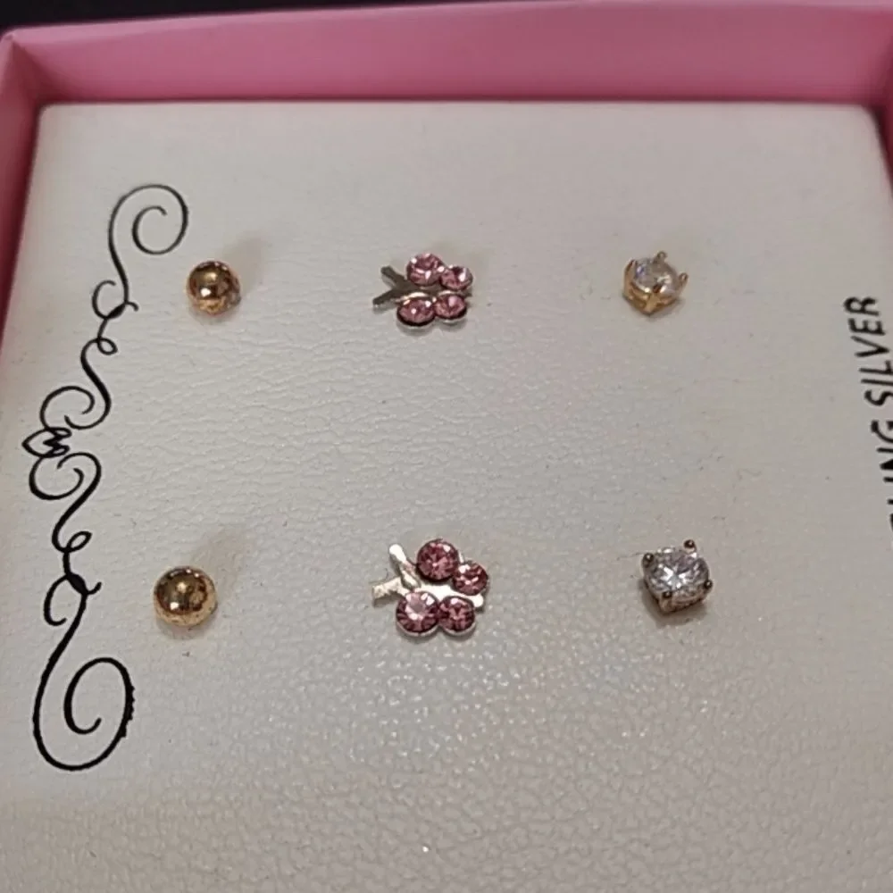 Dainty sterling silver earring set of three gold pink